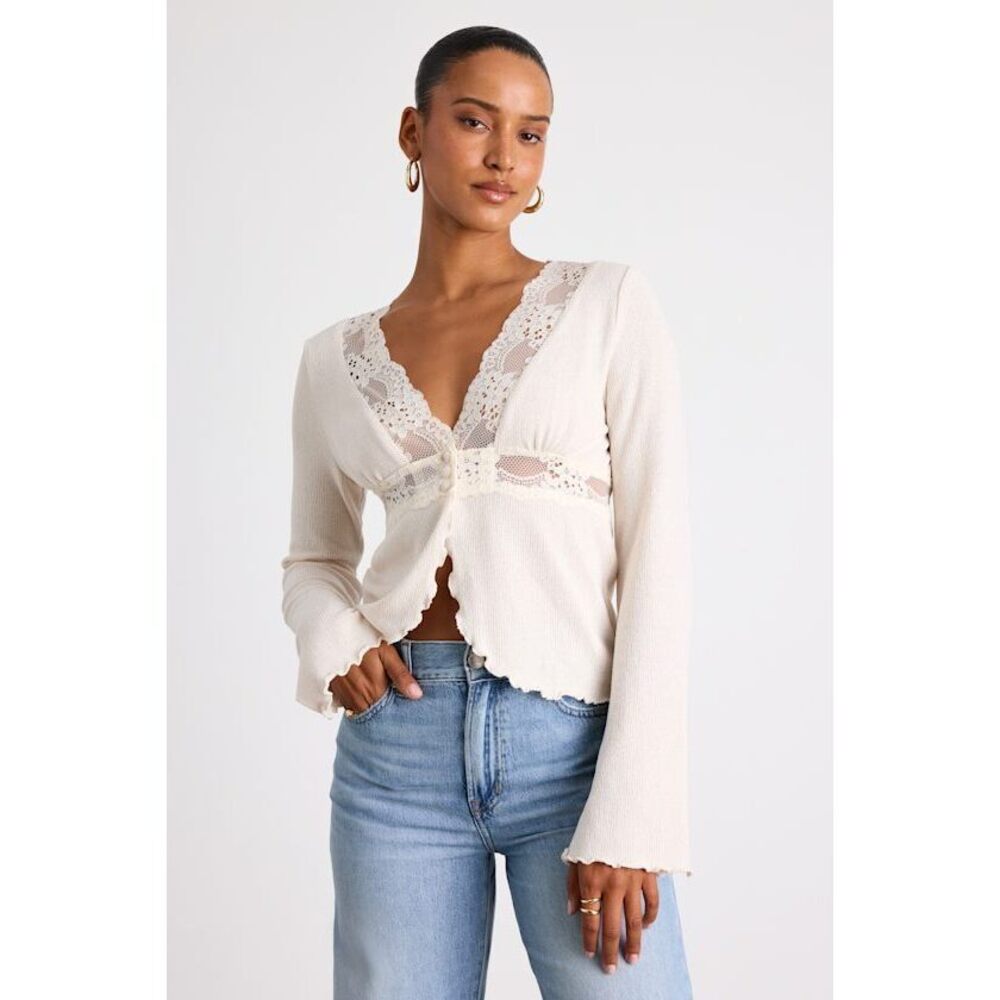 Lulus Jordy Ivory Lace Long Sleeve Sweater Top White - Size L NEW